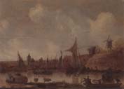 unknow artist A River landscape with ferries and other shipping,a church beyond